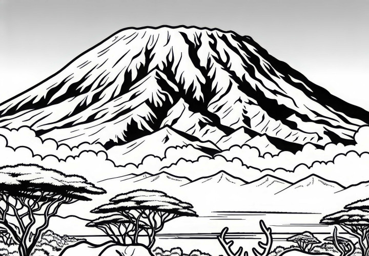 Kilimandscharo mit schneebedecktem Gipfel und Tieren davor – Malvorlage aus Afrika kostenlos