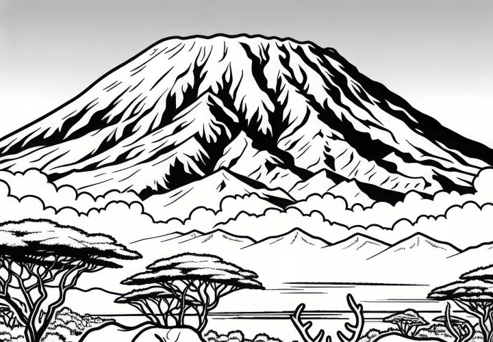 Kilimandscharo mit schneebedecktem Gipfel und Tieren davor – Malvorlage aus Afrika kostenlos