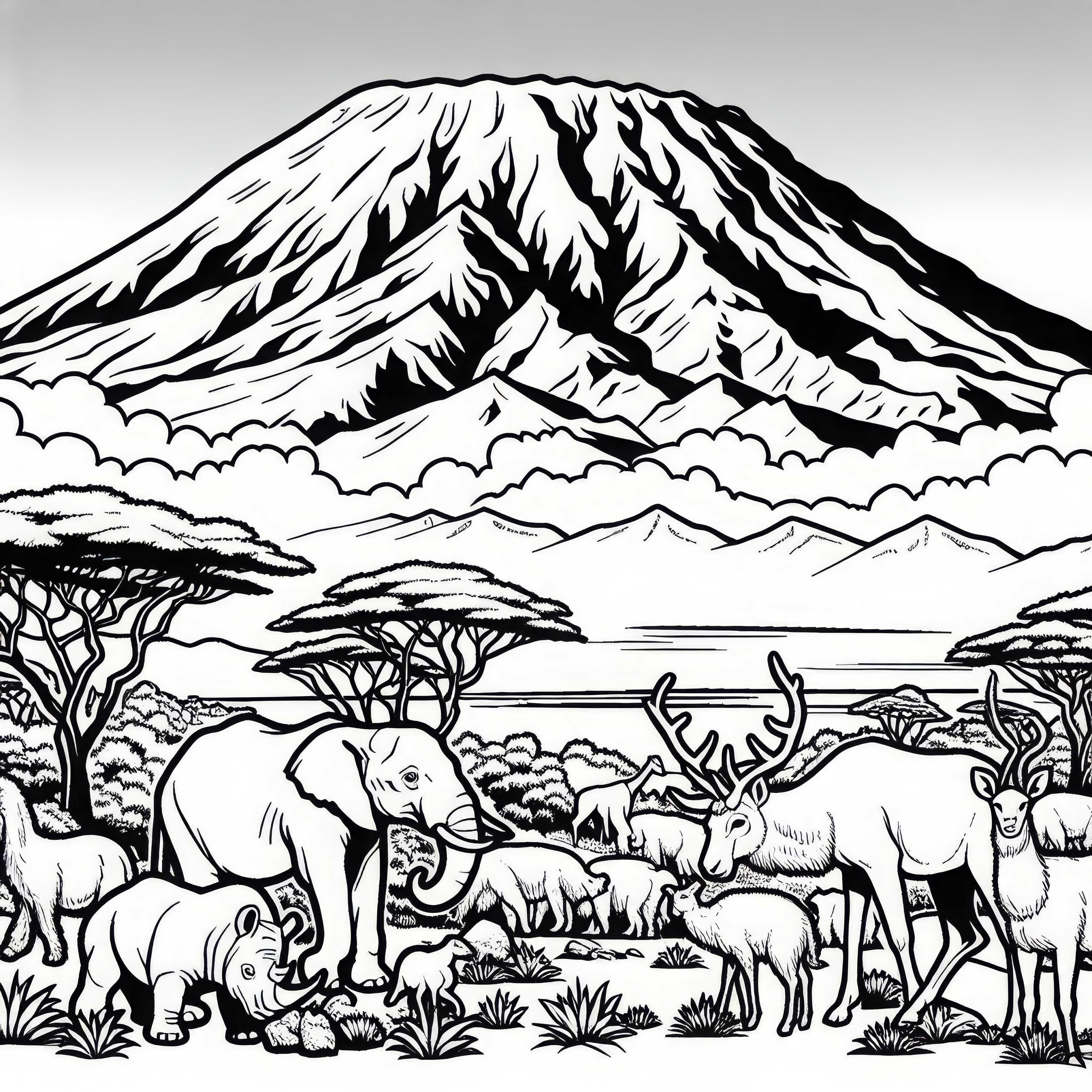 Kilimandscharo mit schneebedecktem Gipfel und Tieren davor &ndash; Malvorlage aus Afrika kostenlos