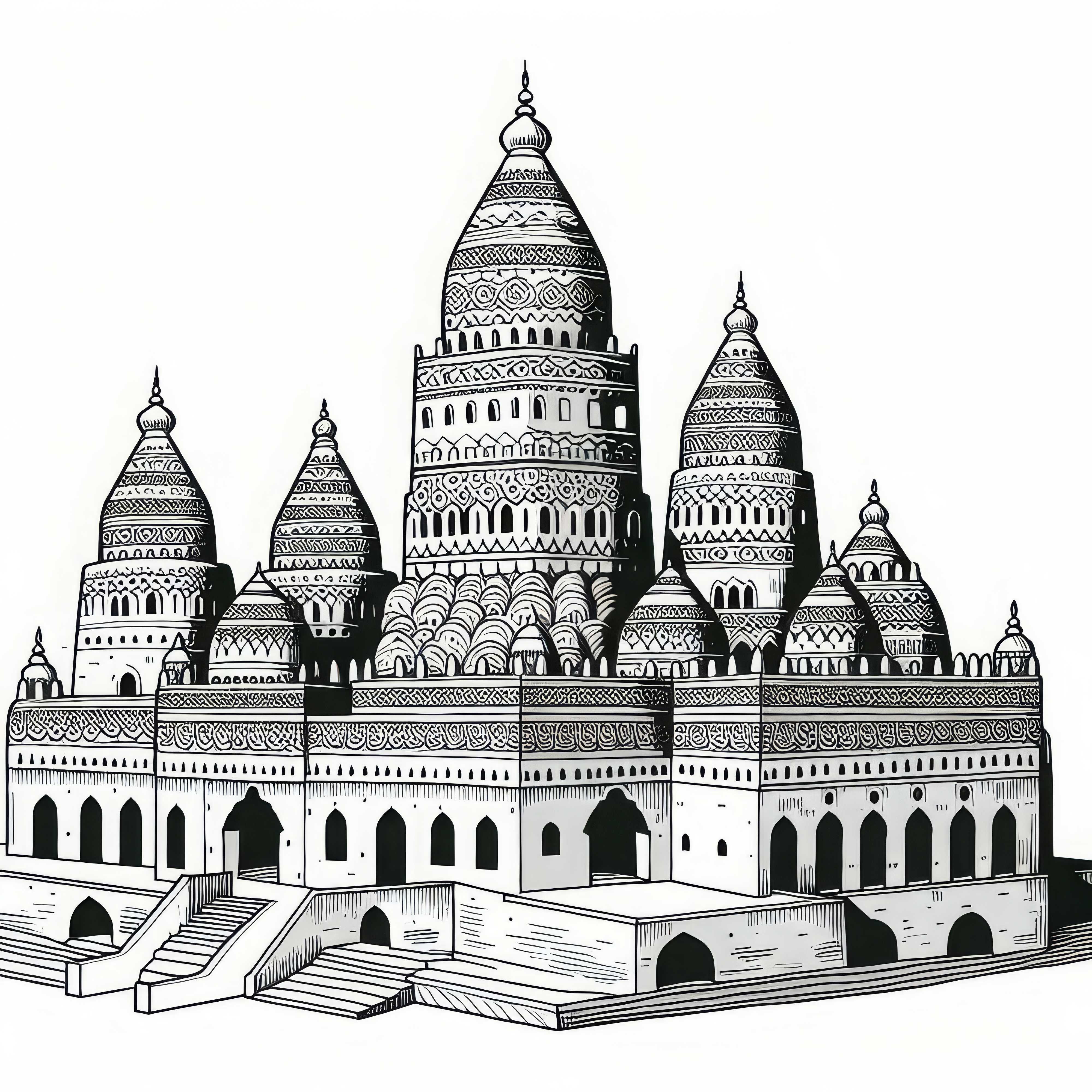 Moscheea din Djenné în Mali din lut cu turnuri ornate - Foaie de colorat Africa gratuit