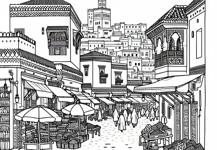 Orașul vechi din Marrakech, Maroc, cu tarabe de piață și străduțe - Fișă de colorat Africă gratuit