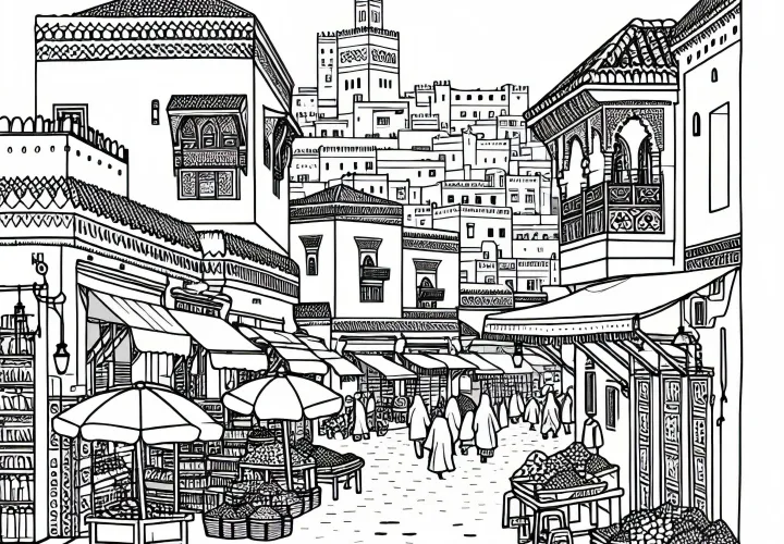 Kota Tua Marrakesh di Maroko dengan stan pasar dan gang - Template mewarnai Afrika gratis