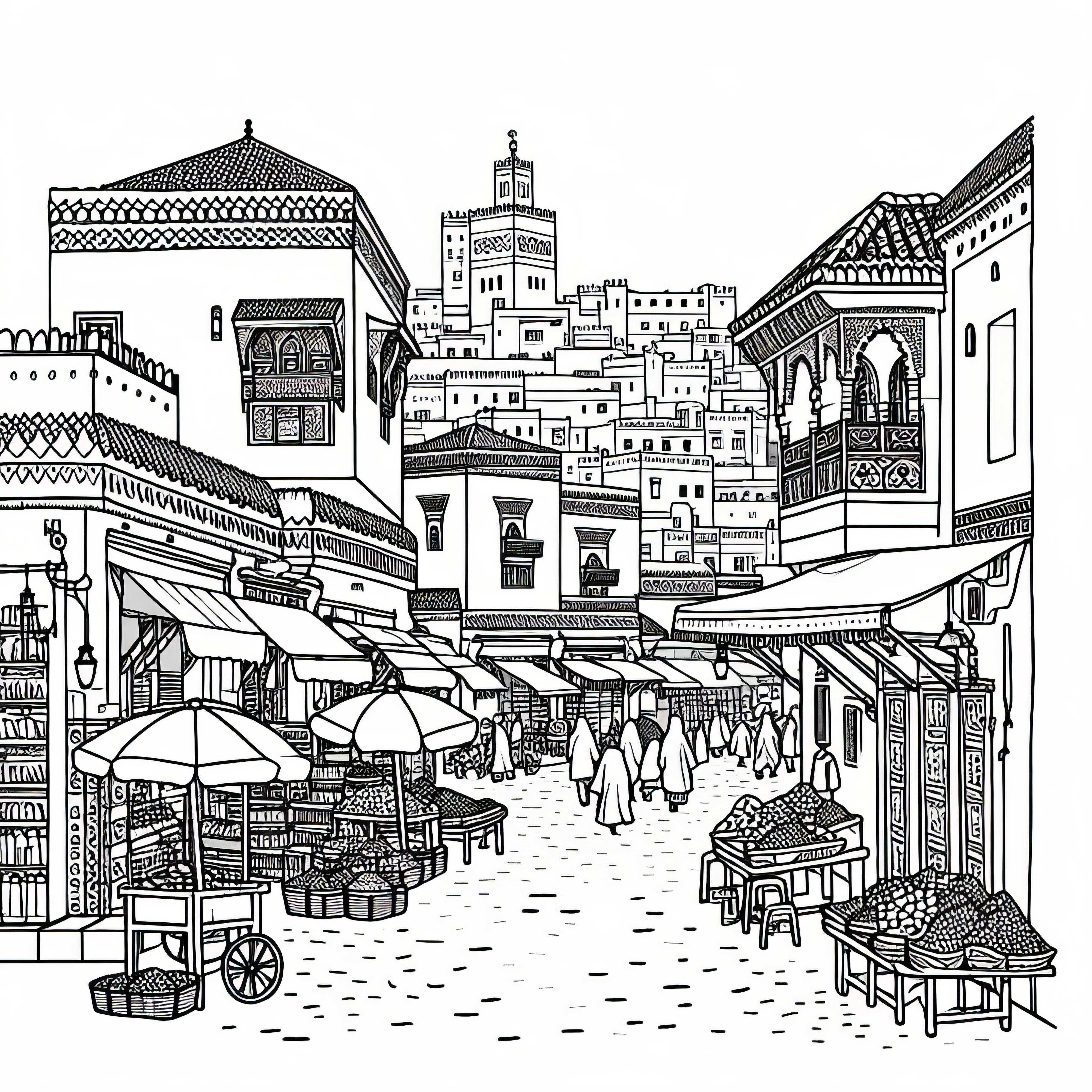 Orașul vechi din Marrakech, Maroc, cu tarabe de piață și străduțe - Foiță de colorat Africa gratuit