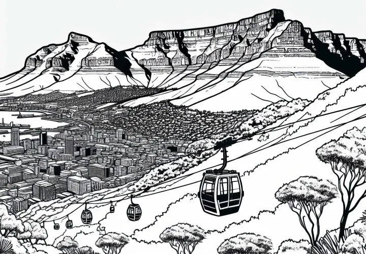 Tafelberg di Cape Town, Afrika Selatan dengan gondola - Vorlage mewarnai Afrika gratis