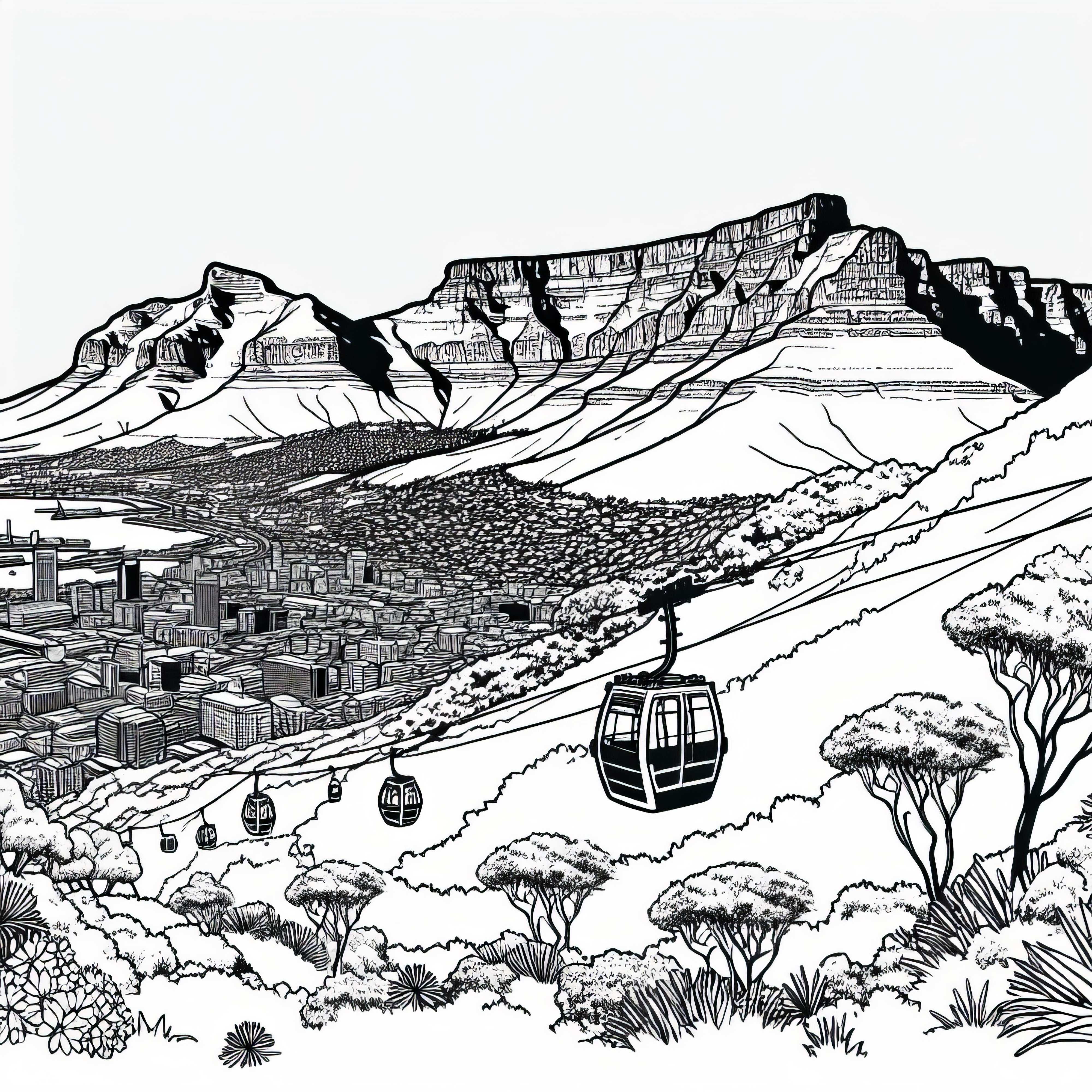 Tafelberg din Cape Town, Africa de Sud cu telecabina – Desen de colorat Africa gratuit