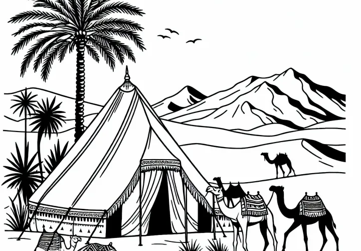 Gambar mewarnai unta dromedari dan tenda nomaden di Sahara - Motiv gratis dari Afrika