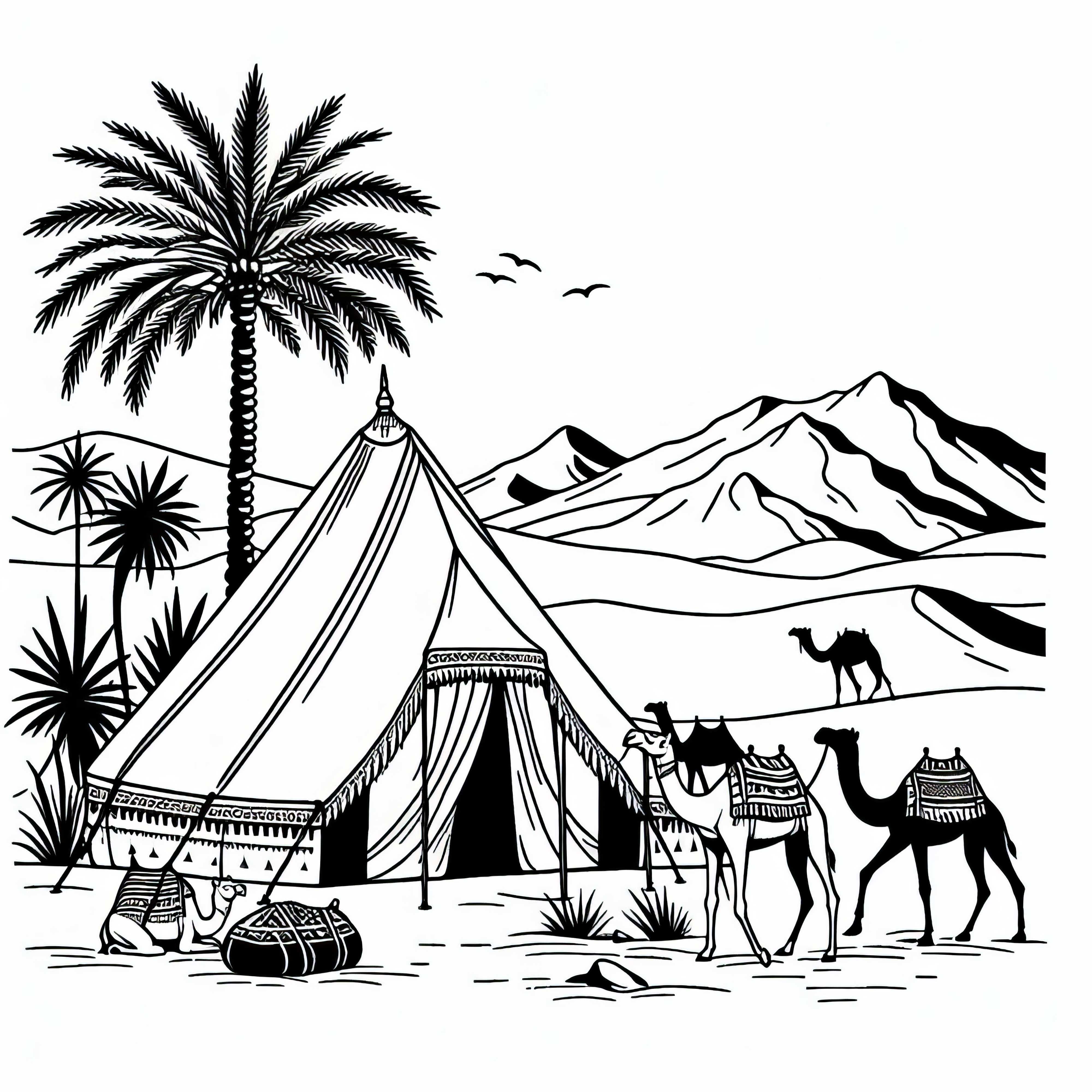 Imagine de colorat cu dromaderi și cort de nomazi în Sahara – Motiv gratuit din Africa