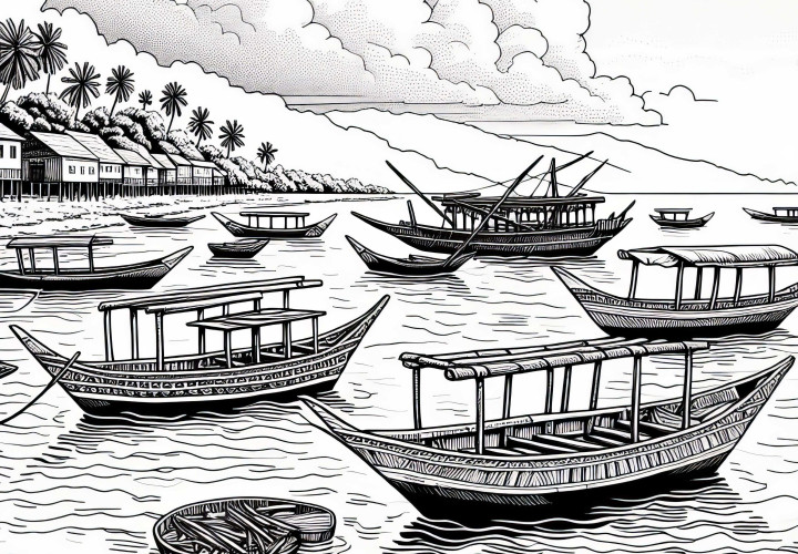 Imagini de colorat cu o insulă Zanzibar și bărci de lemn tipice (Dhows) în apă