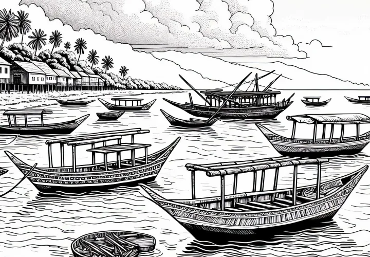 Gambar mewarnai sebuah pulau Zanzibar dengan perahu kayu khas (Dhow) di air