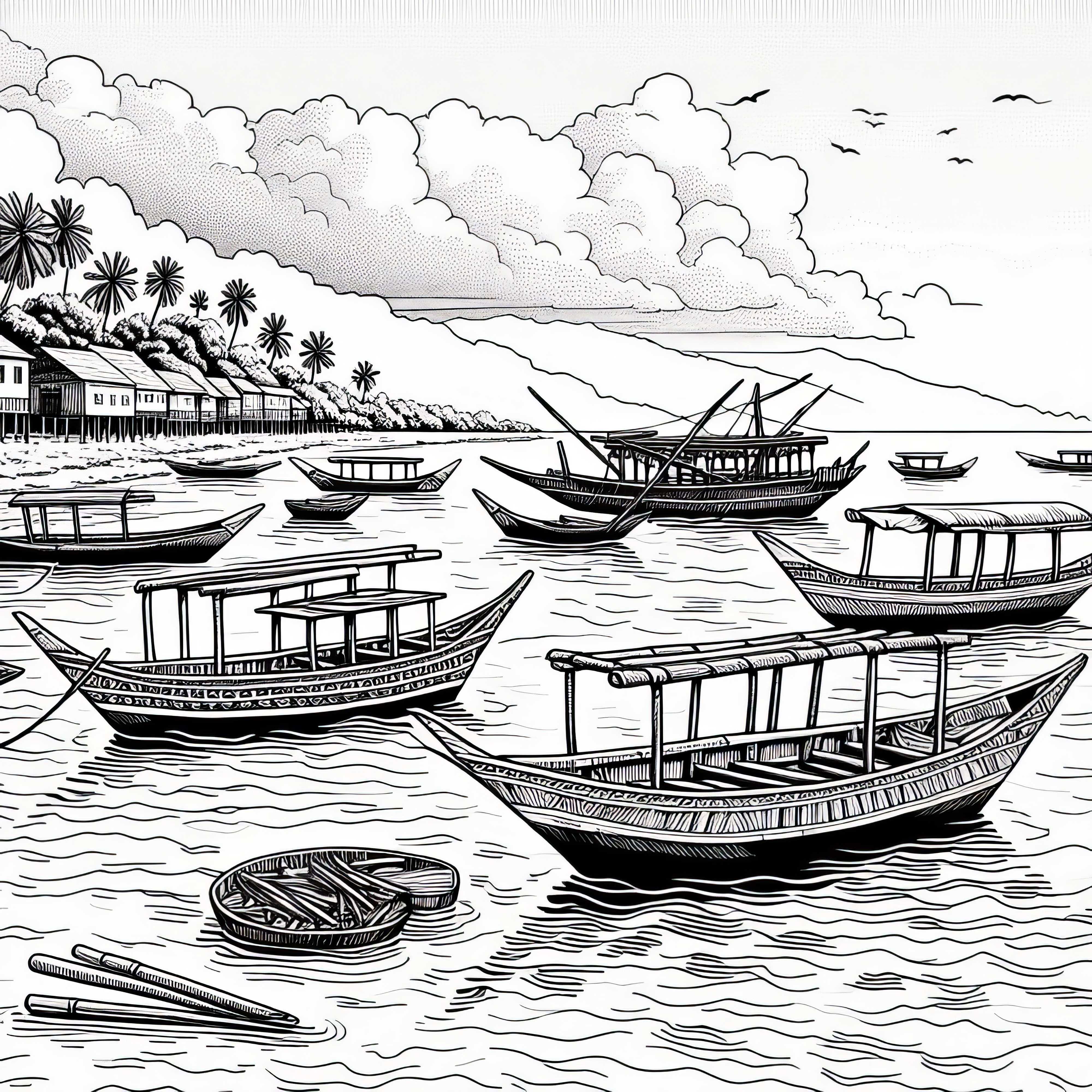 Imagine de colorat cu o insulă Zanzibar și bărci din lemn tipice (Dhows) în apă