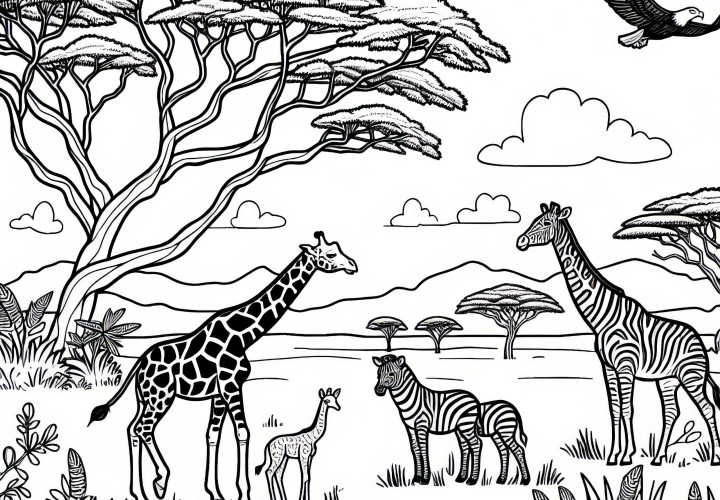 Savane cu girafe, zebre și copaci de acacia – foaie de colorat Africa gratuit
