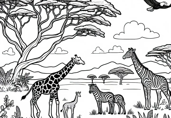 Savana dengan jerapah, zebra, dan pohon akasia – Template mewarnai Afrika gratis