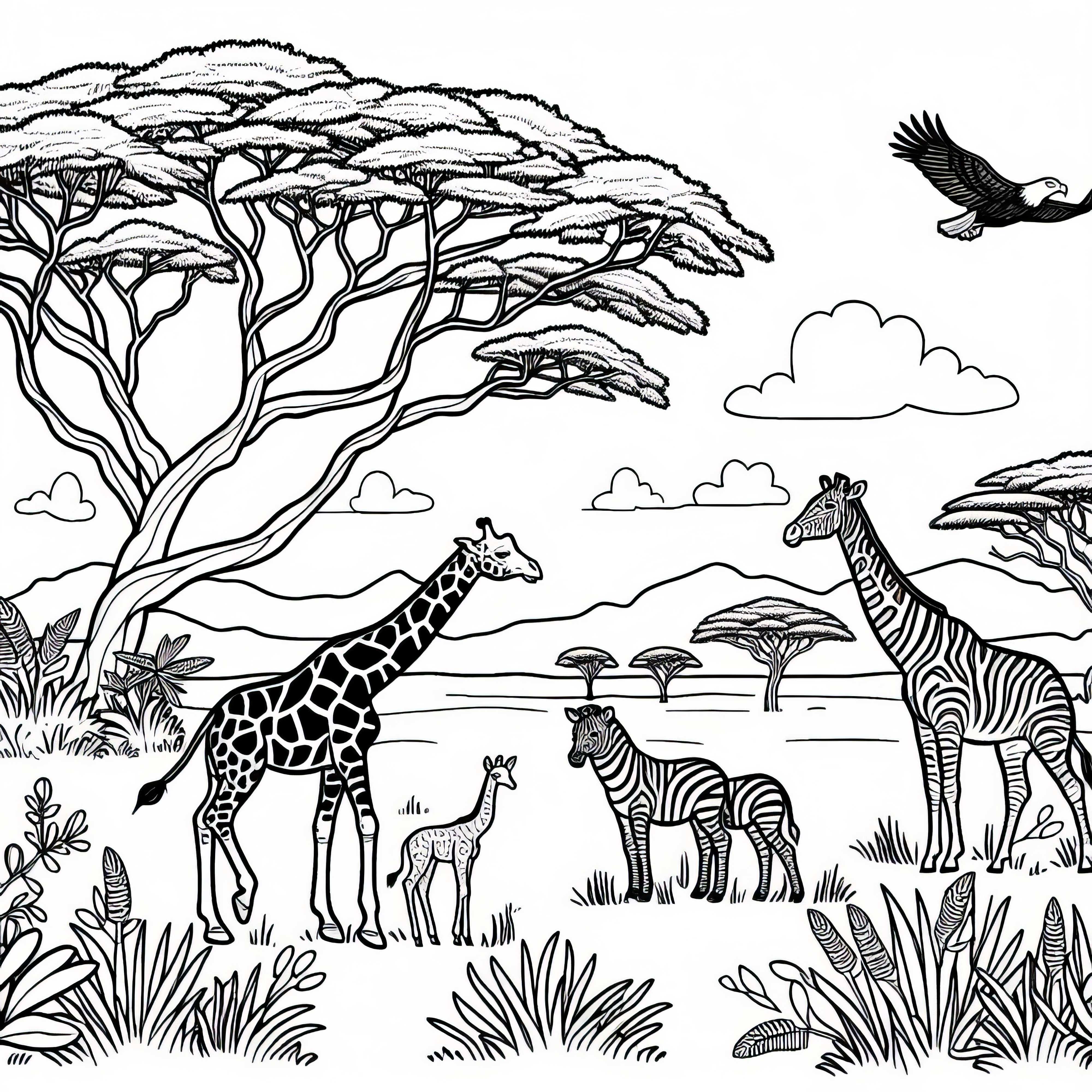Savana cu girafe, zebre și copaci de acacia – Foaie de colorat Africa gratuit