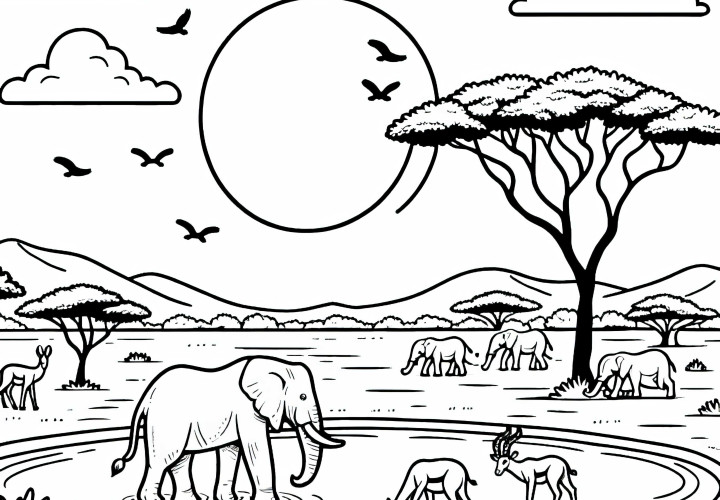 Fântână cu elefanți și antilope la răsărit – Fișă de colorat Africa gratuit