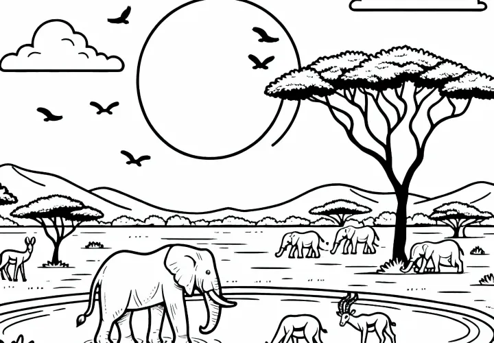 Lubang air dengan gajah dan antelop saat matahari terbit - Cetakan warna Afrika gratis