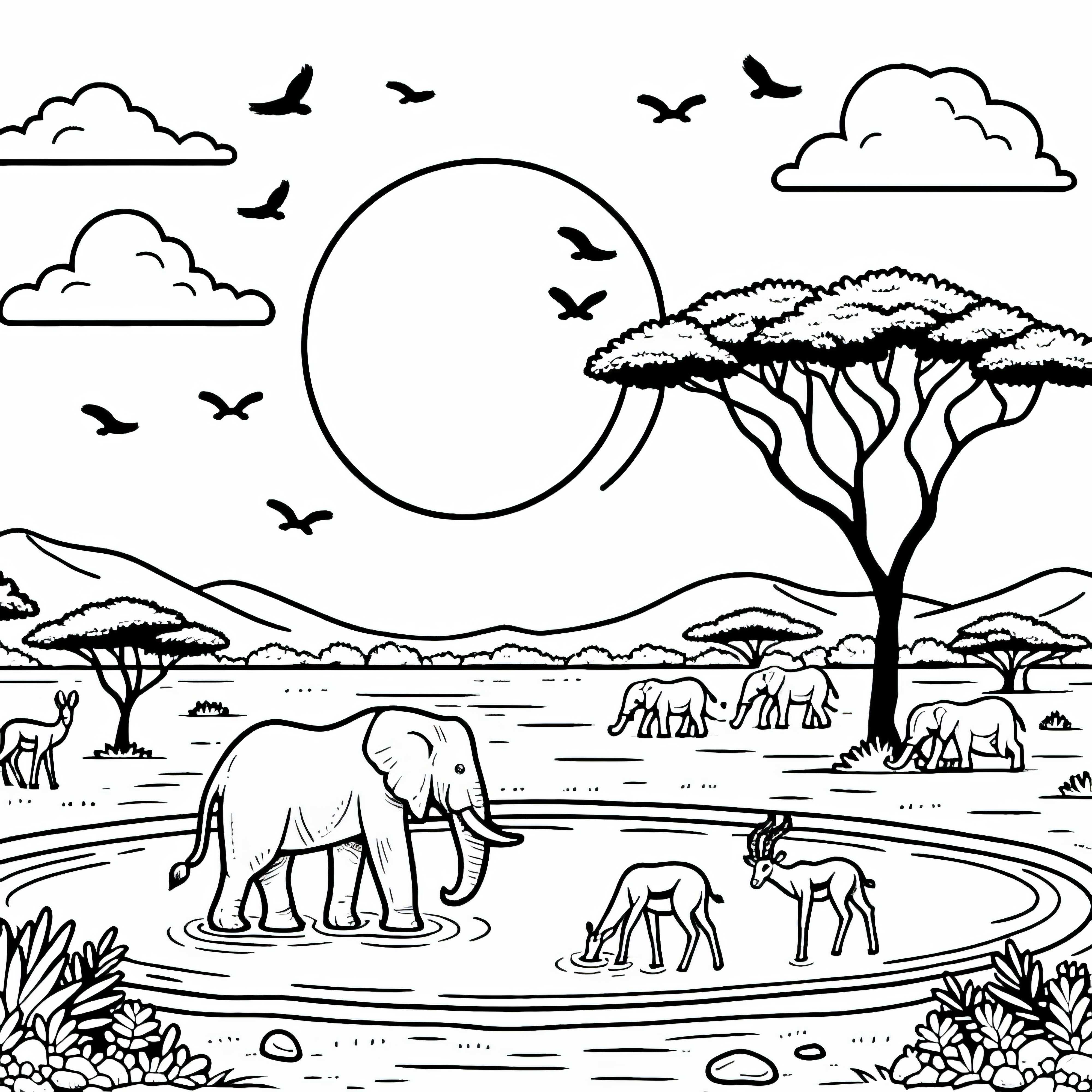 Iaht cu elefanți și antilopi la răsărit – Pagină de colorat Africa gratuit