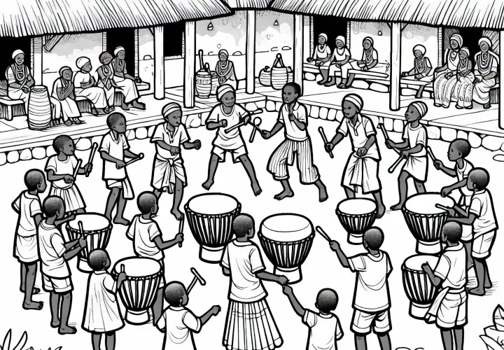 Lingkaran drum di festival desa dengan anak-anak yang menari - Template mewarnai Afrika gratis