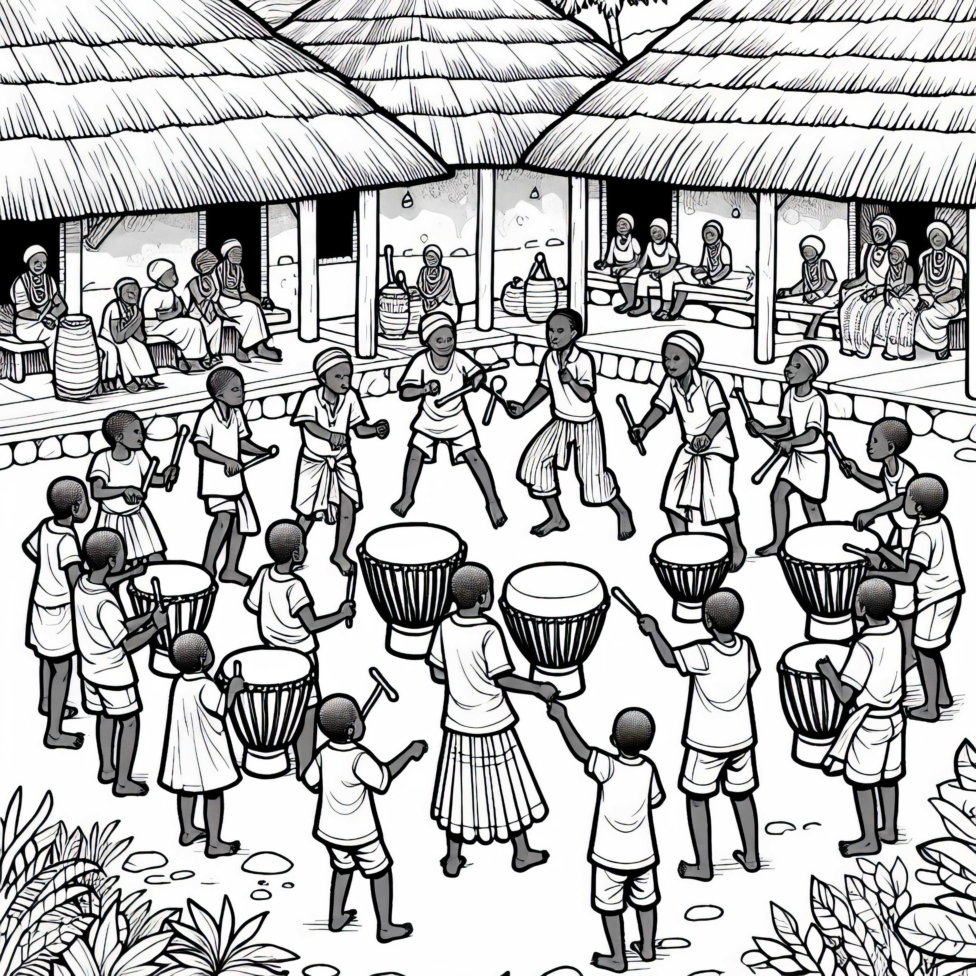 Cercul de tobe la festivalul satului cu copii dansând - Fișă de colorat Africa gratuită