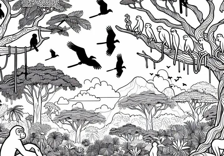Hutan hujan di Afrika Tengah dengan burung dan monyet – Template mewarnai gratis