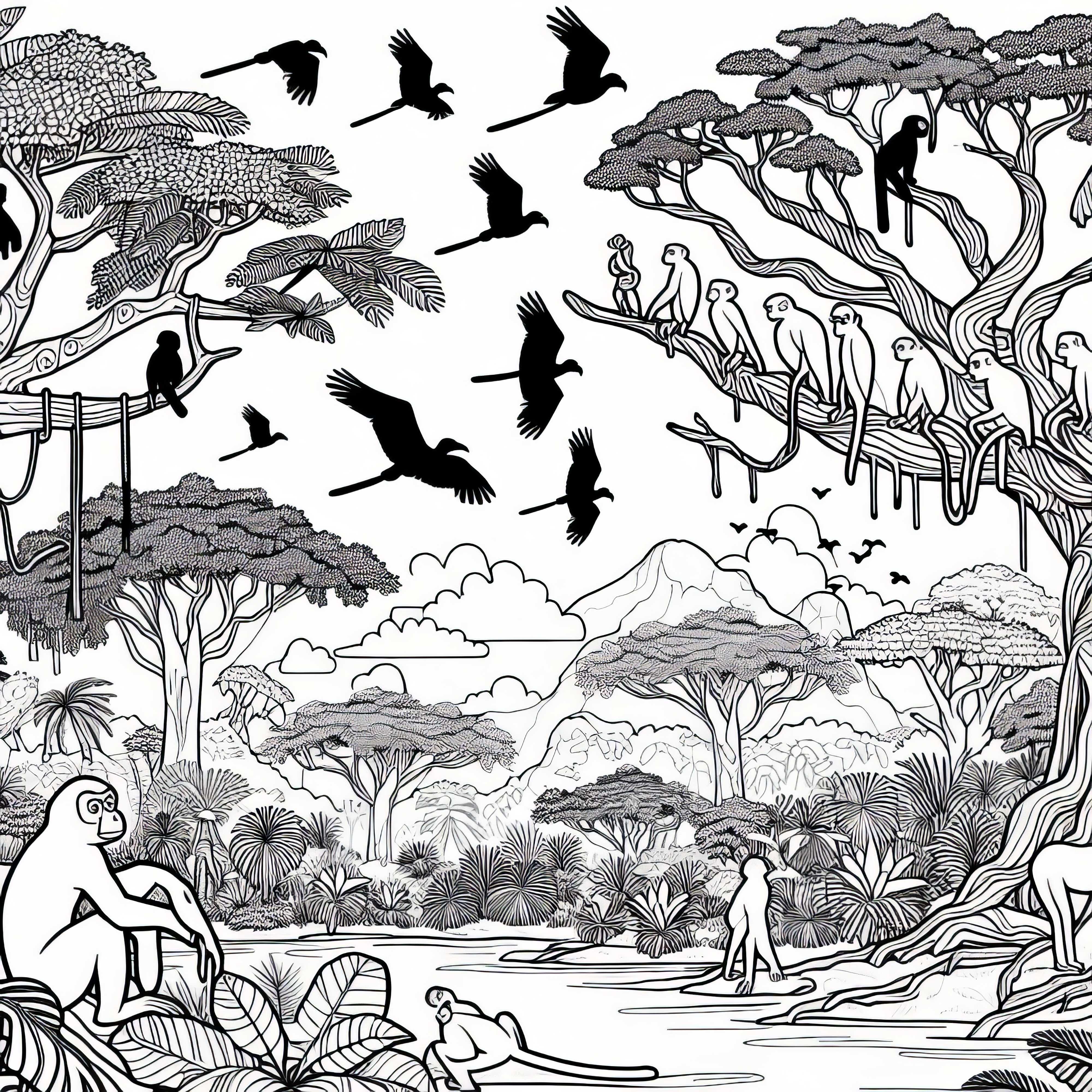 Pădure tropicală în Centrul Africii cu păsări și maimuțe – Fișă de colorat gratuită