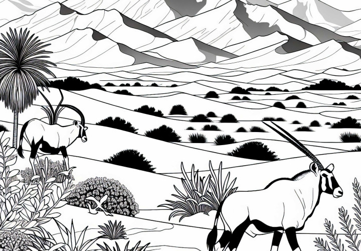 Pictură de colorat cu deșertul Namib, dune de nisip și oryx. Africa Gratuit