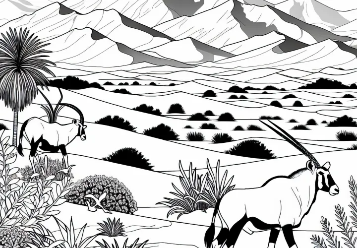 Waktu. Di Namib-Wüste dengan bukit pasir dan gambar mewarnai Oryx Afrika Gratis