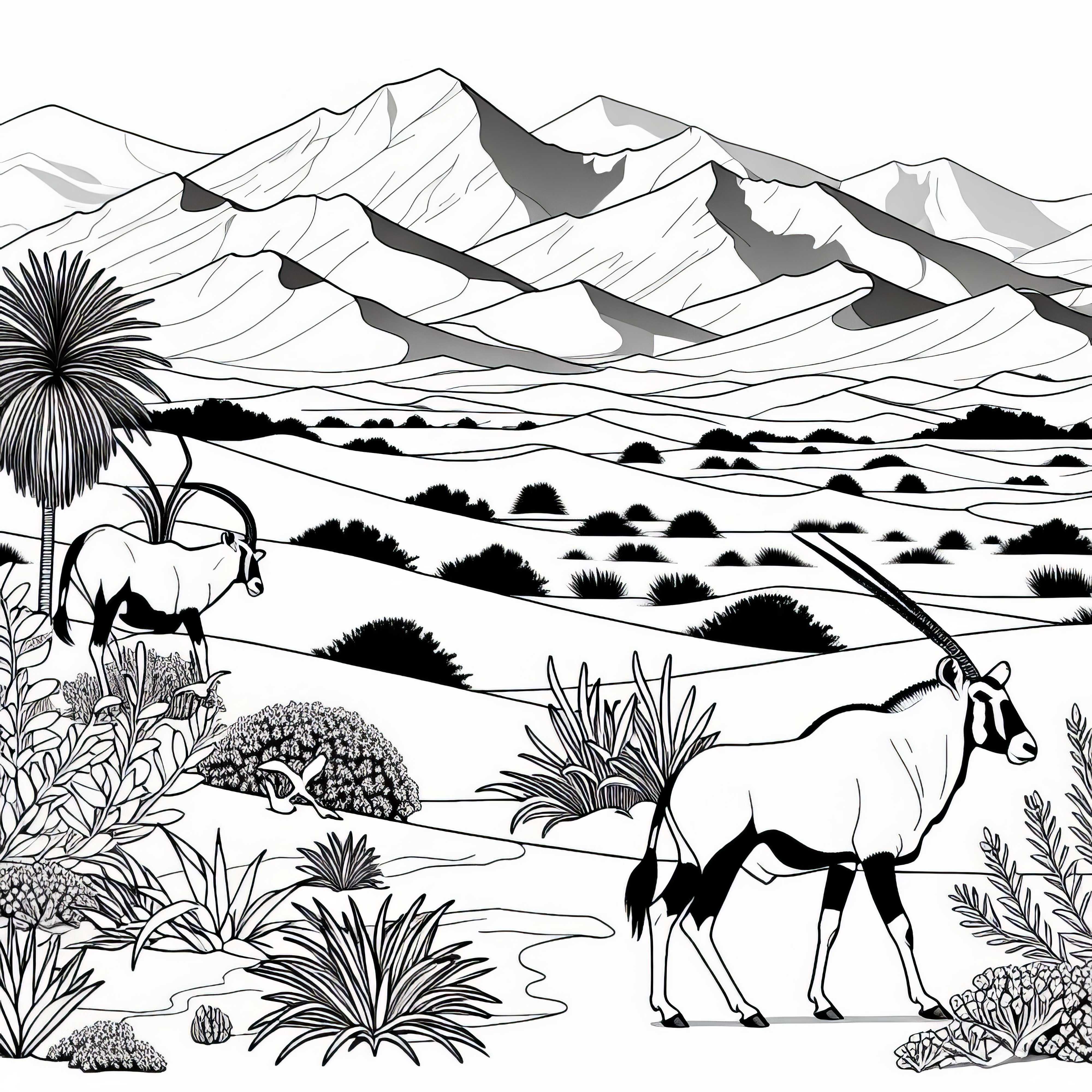 Desen de colorat cu dune de nisip și oryx din deșertul Namib Africa Gratuit