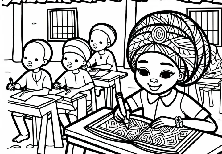 Anak-anak belajar menulis di sekolah desa di luar ruangan - Gambar pewarnaan Afrika gratis