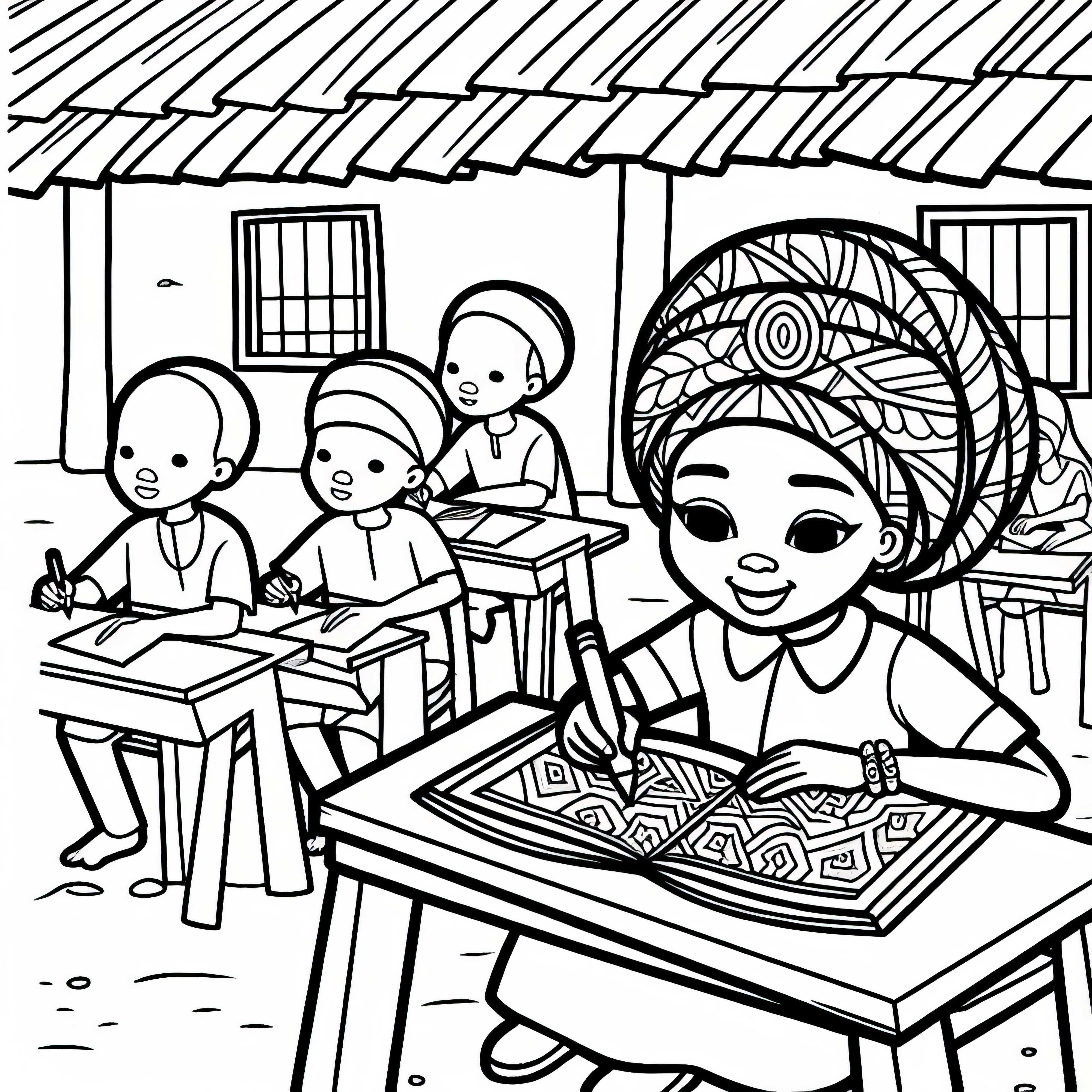 Copilul învață să scrie la școala din sat sub cerul liber – Imagine de colorat gratuit Africa