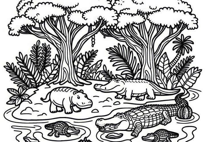 Wilayah mangrove dengan ikan hippopotamus dan buaya - Gambar mewarnai Afrika gratis
