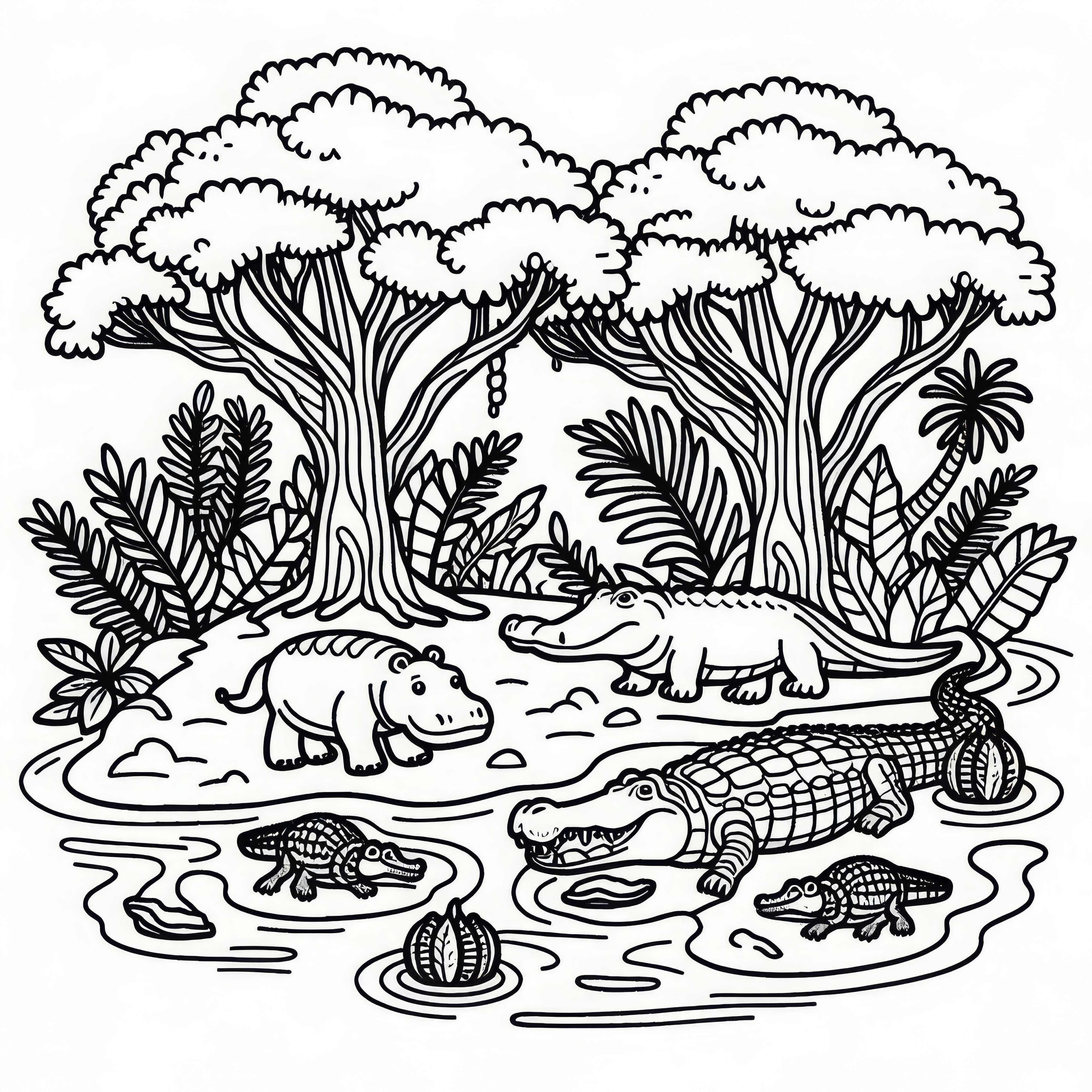 Zonă de mangrove cu hipopotami și crocodili – Imagine de colorat Africa gratuit