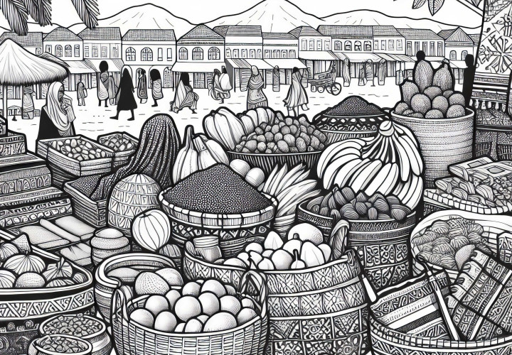 市場の日：果物、スパイス、バスケット - アフリカの塗り絵 無料
