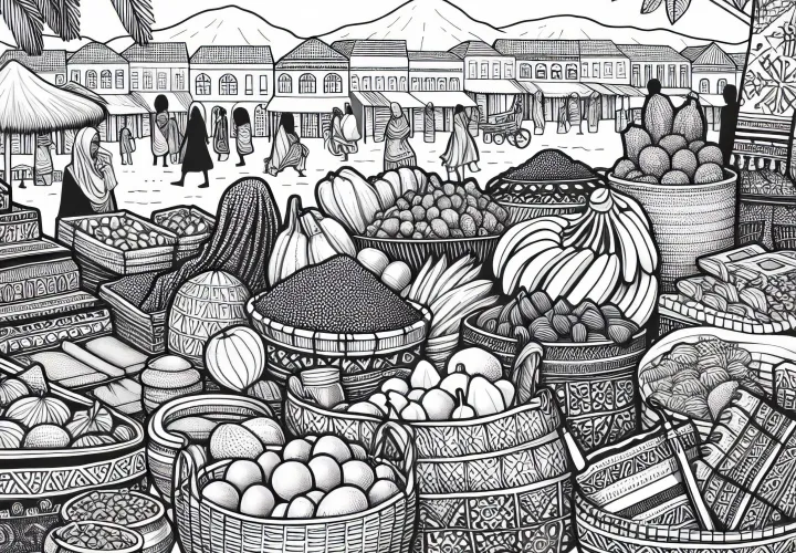 Hari pasar dengan buah, rempah-rempah, dan keranjang – Gambar mewarnai Afrika gratis