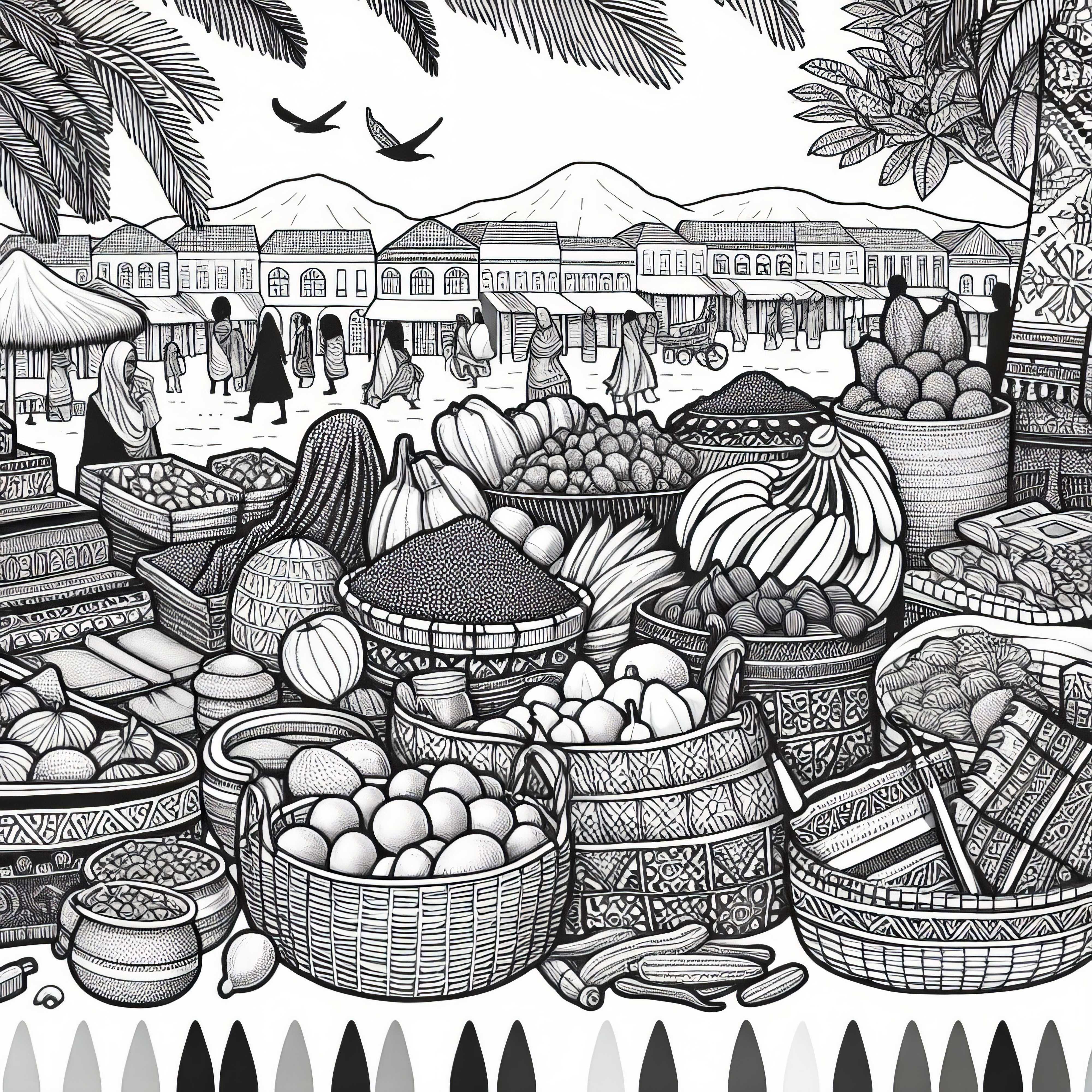 Market day with fruits, spices, and baskets – Free coloring page Africa