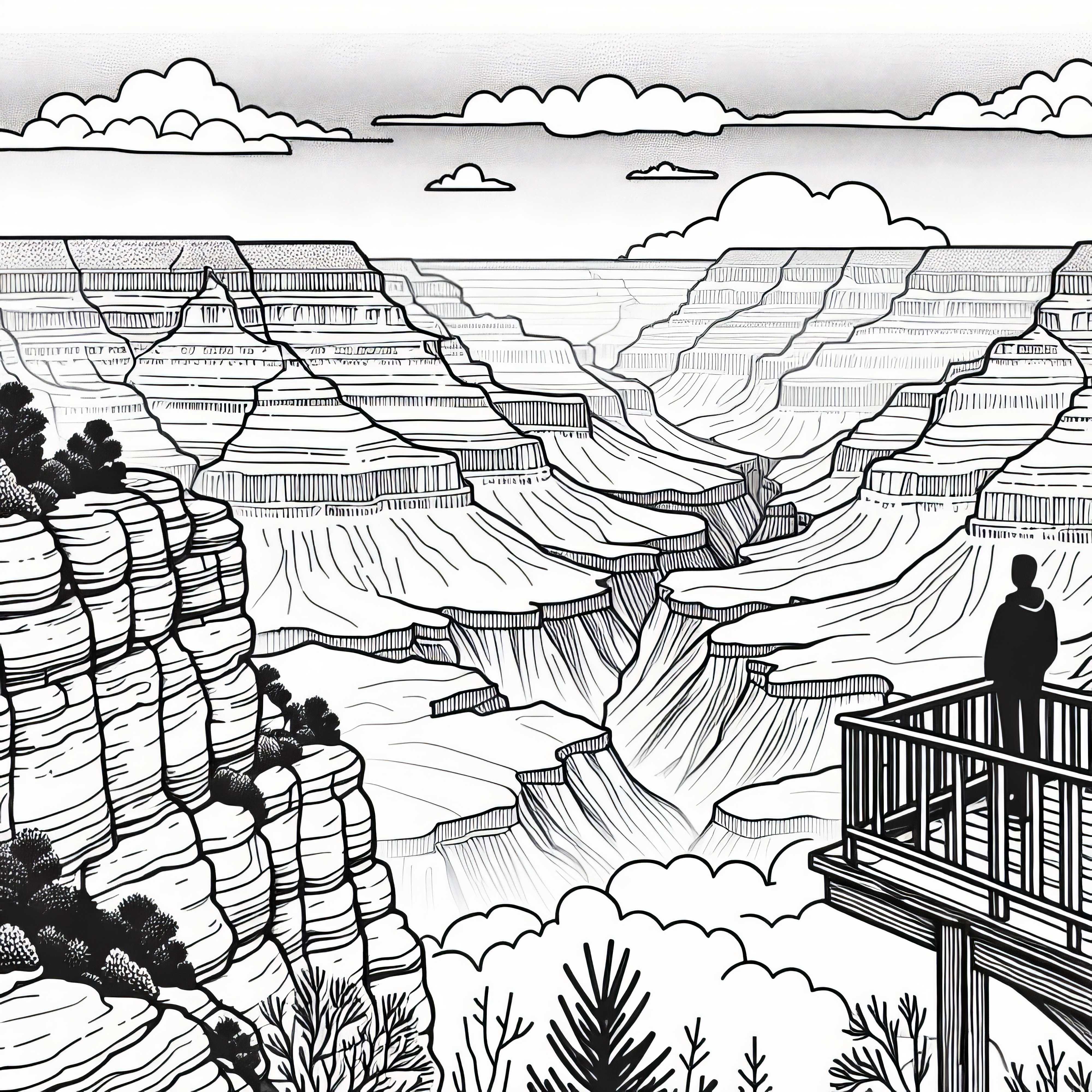 Grand Canyon USA mit Aussichtsplattform – Ausmalbild Nordamerika gratis