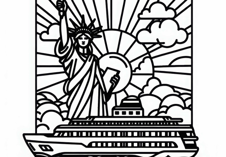 Statue of Liberty in the USA with ferry in the foreground - Coloring page for North America Statue of Liberty in the USA with ferry in the foreground - Coloring page for North America
