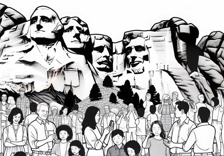 Mount Rushmore with families in front as a coloring page for North America free of charge Mount Rushmore with families in front as a coloring page for North America free of charge