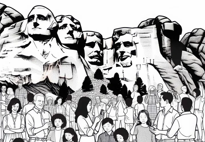 Mount Rushmore dengan keluarga di depannya sebagai gambar mewarnai untuk Amerika Utara secara gratis