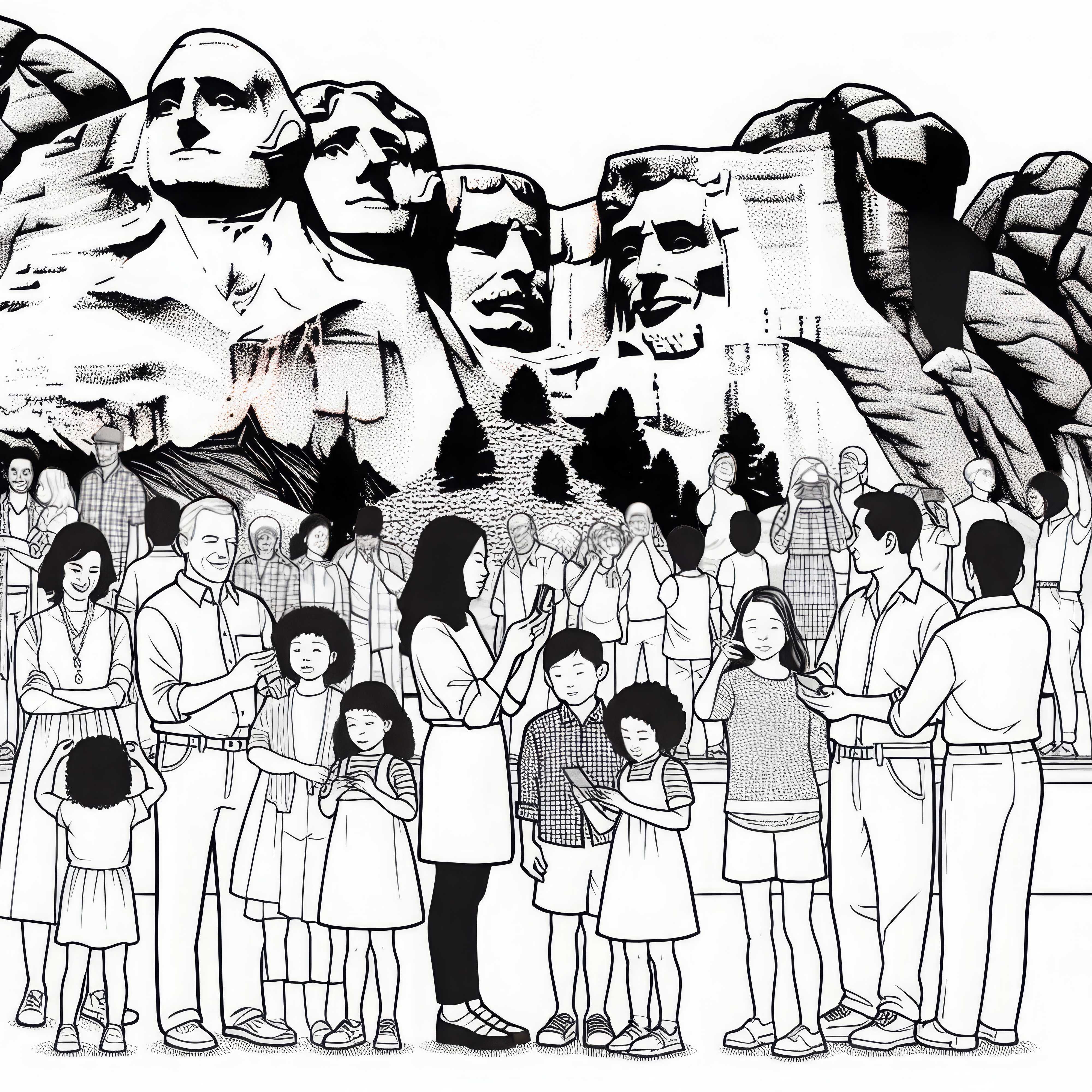 Mount Rushmore with families in front as a coloring page for North America free of charge Mount Rushmore with families in front as a coloring page for North America free of charge
