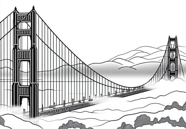 Jembatan Golden Gate di San Francisco dengan kabut - Gambar mewarnai untuk Amerika Utara dapat diunduh gratis