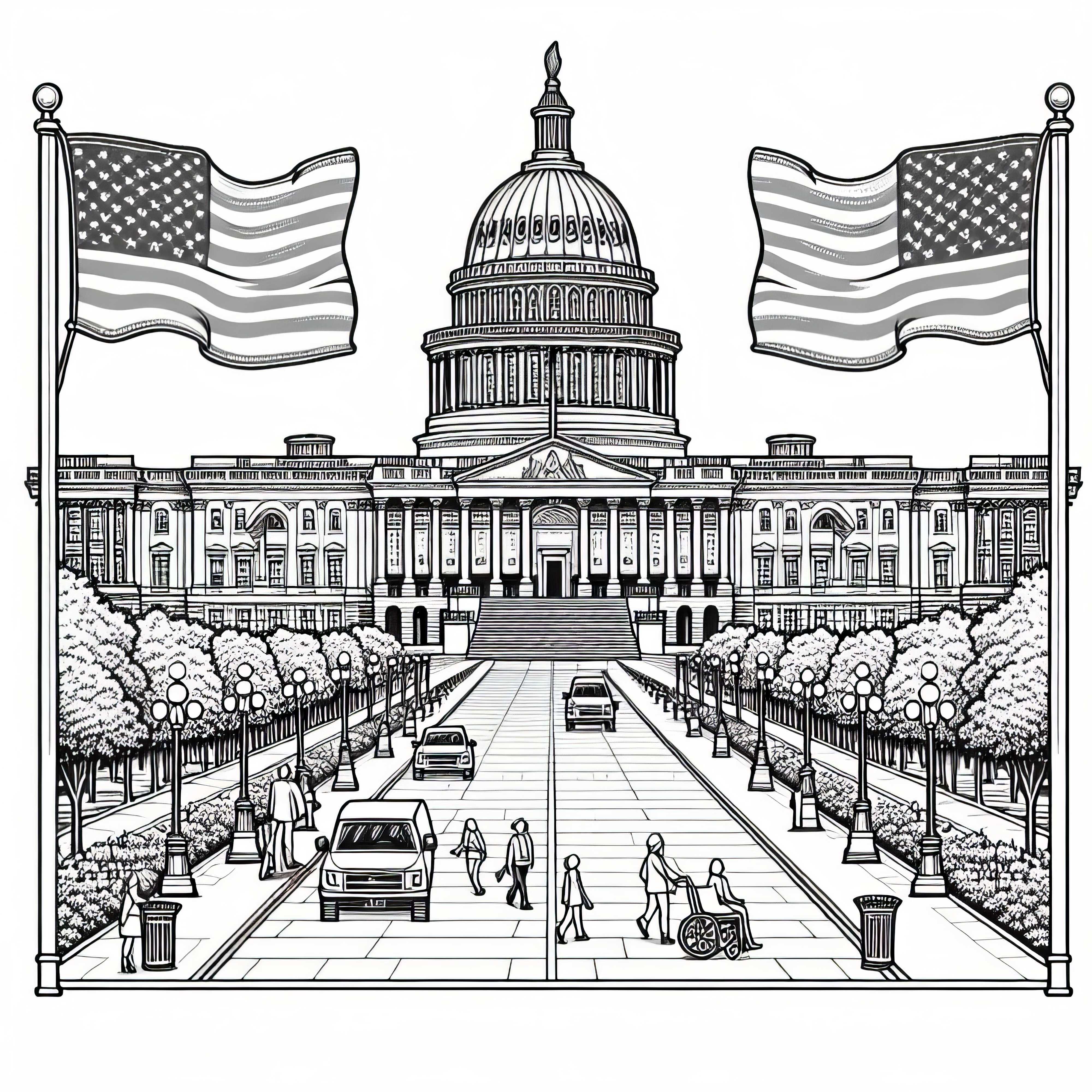 Capitol Washington D.C. with flags and visitors - Coloring page North America Free Capitol Washington D.C. with flags and visitors – Coloring page North America Free