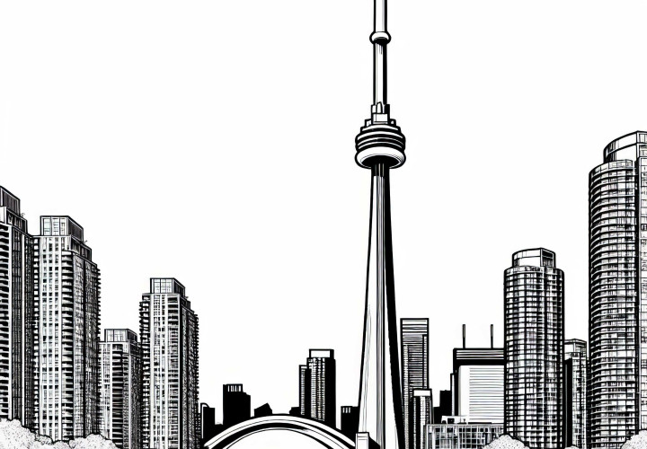 CN Tower skyline in Toronto with children in the park - coloring page North America free CN Tower skyline in Toronto with children in the park - coloring page North America free