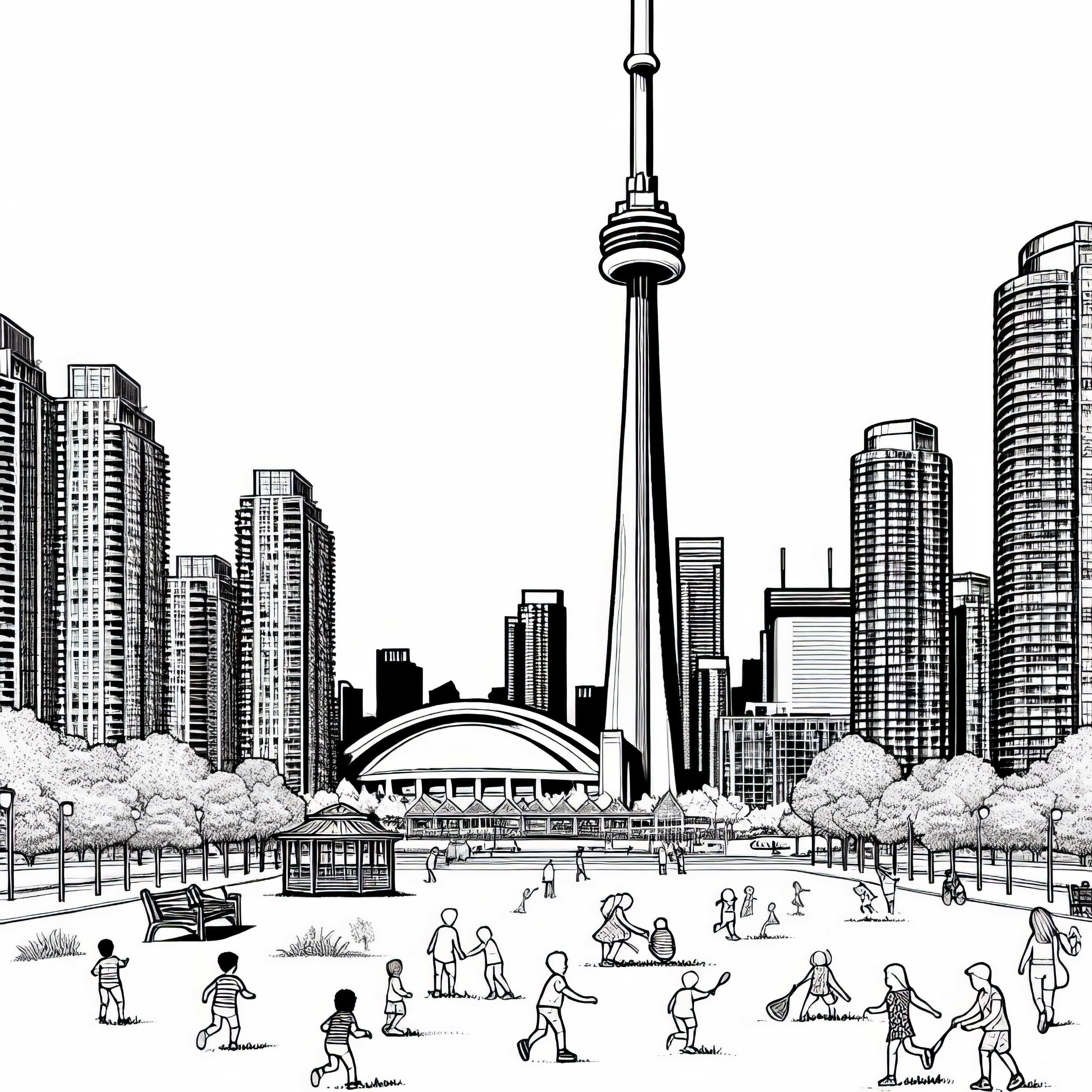 CN Tower Skyline in Toronto mit Kindern im Park - Ausmalbild Nordamerika kostenlos