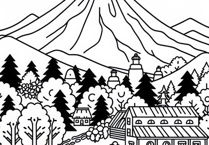 Volcano Popocatépetl in Mexico with village in the foreground - Coloring page North America free Volcano Popocatépetl in Mexico with village in the foreground - Coloring page North America free
