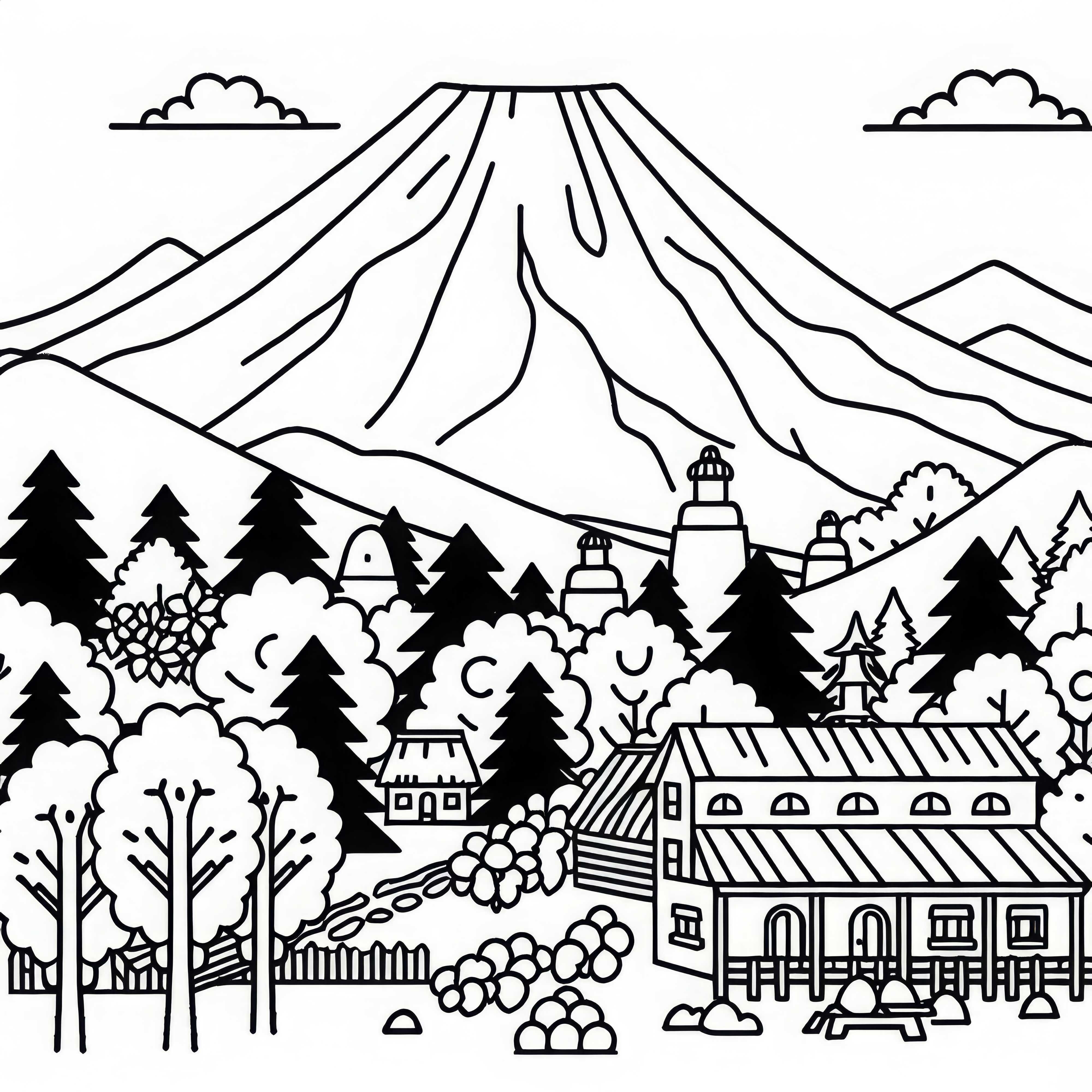 Vulkan Popocatépetl in Mexiko mit Dorf im Vordergrund - Ausmalbild Nordamerika kostenlos