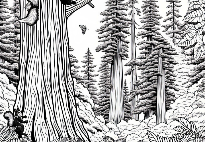 Redwood forest with gigantic trees - coloring page North America free Redwood forest with giant trees – coloring page North America free