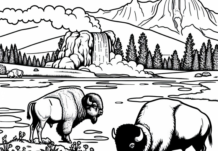 Yellowstone National Park with buffalo coloring page North America Free Yellowstone National Park with Buffalo Coloring Page North America Free