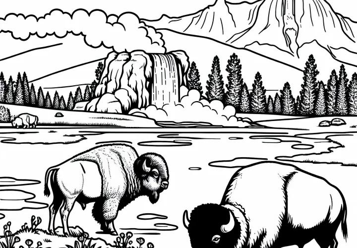 Halaman mewarnai Taman Nasional Yellowstone dengan bison Amerika Utara Gratis
