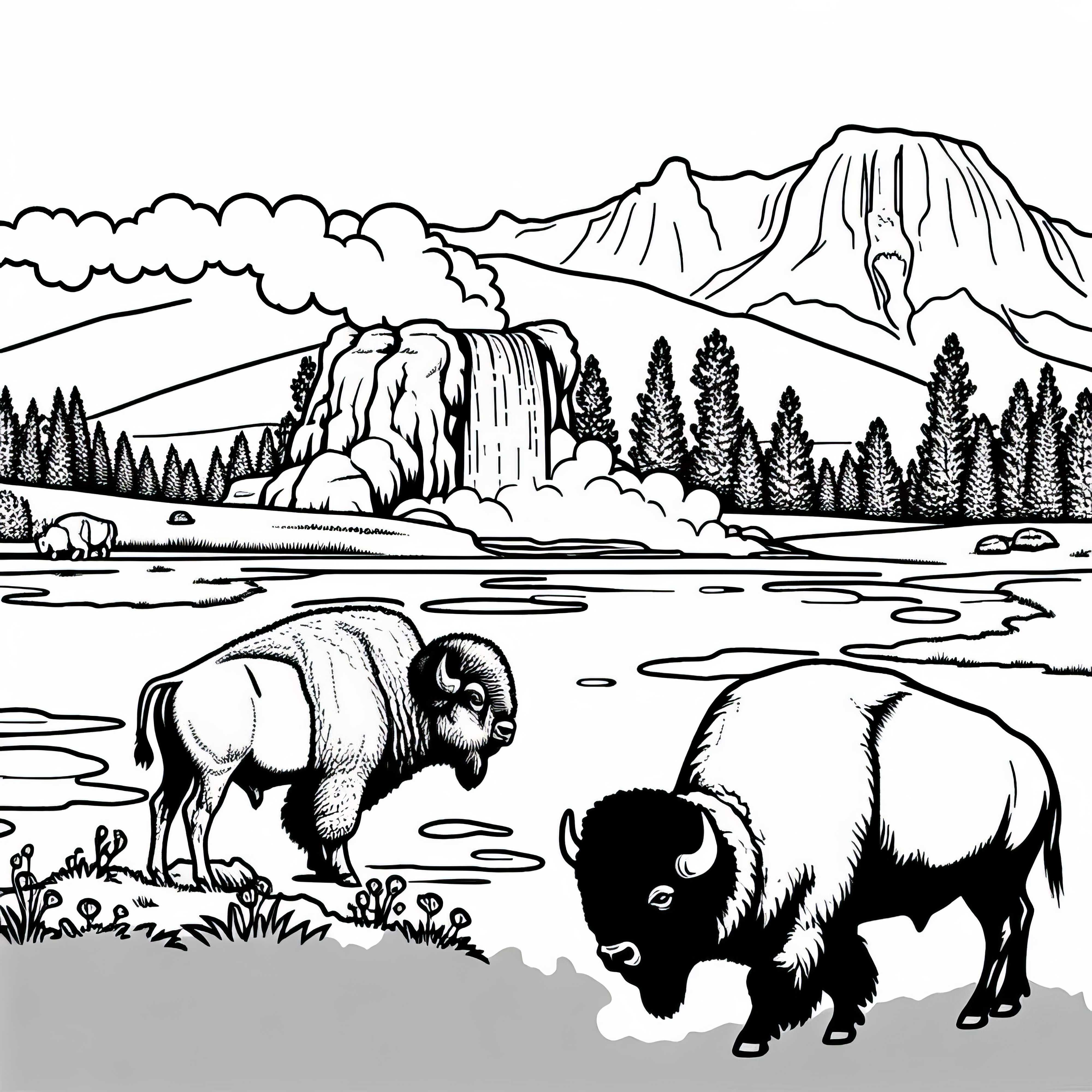 Yellowstone Nationalpark mit Büffeln Malvorlage Nordamerika Kostenlos