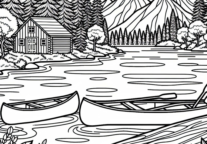 Lake in Canada with canoes and a forest cabin – North America coloring page free Lake in Canada with Canoes and Forest Cabin - North America Coloring Page Free